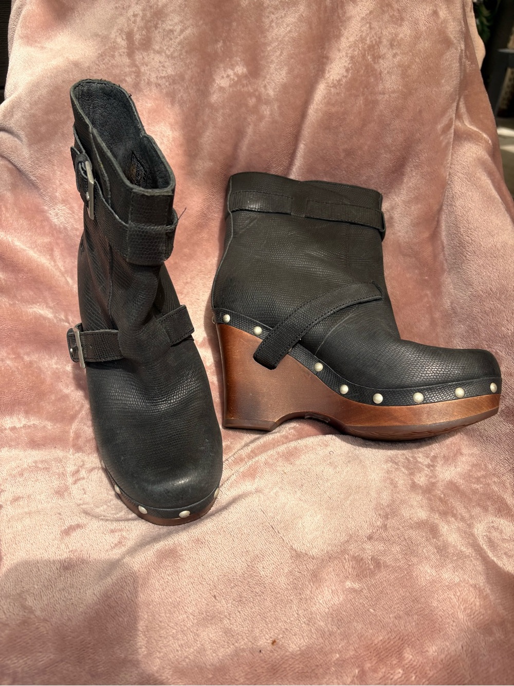 UGG Black Leather Studded Clog Wedge Boots